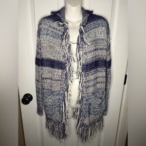 American Eagle Blue/White Open Face Fringe Boho Cardigan W/ Hood Oversized XS/S